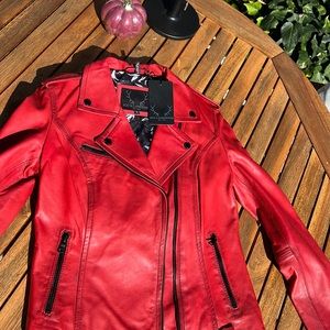 Red leather jacket. Never warn.